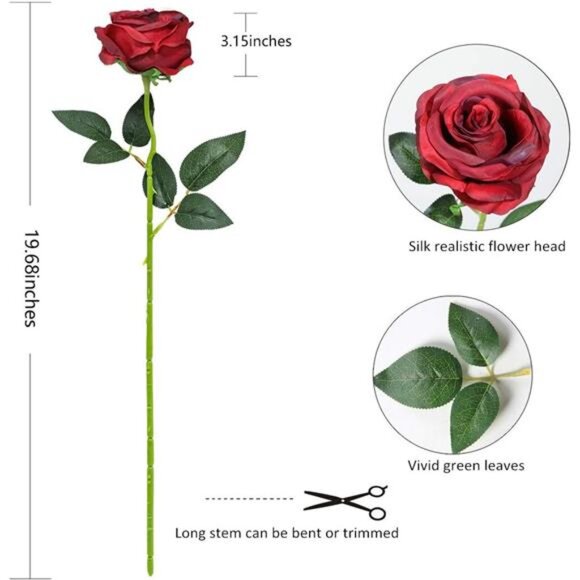 Red Roses Artificial Flowers -12 pcs Realistic Long Stem Fake Silk Roses Bouquet - Picture 2 of 7